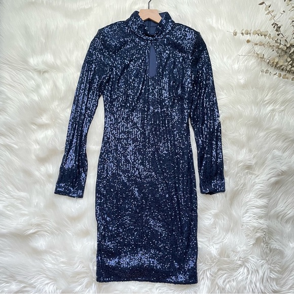 VINCE CAMUTO Long Sleeve Stand Neck Keyhole Sheath in Navy Blue Sequin Size 6 - Picture 5 of 14